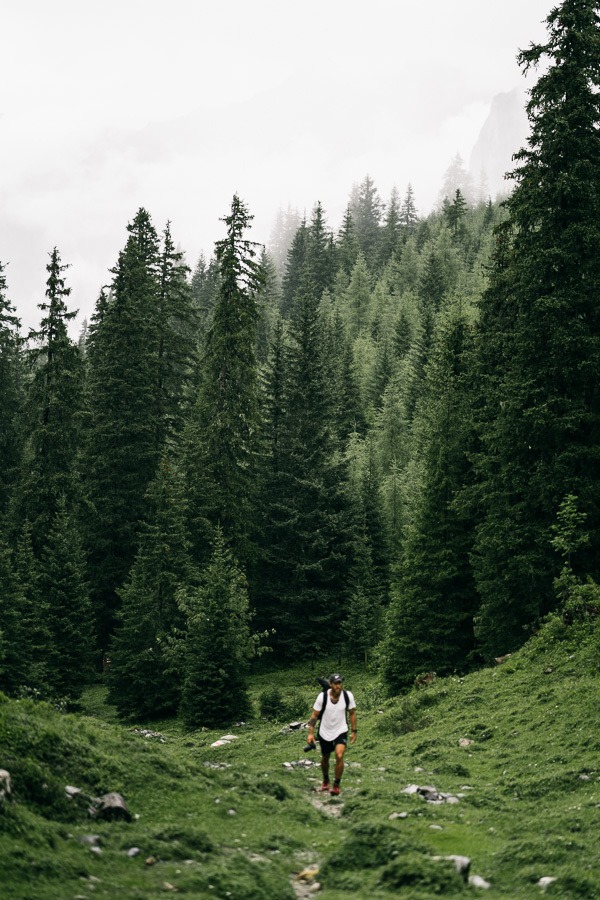 緑豊かな森の中を歩く男。